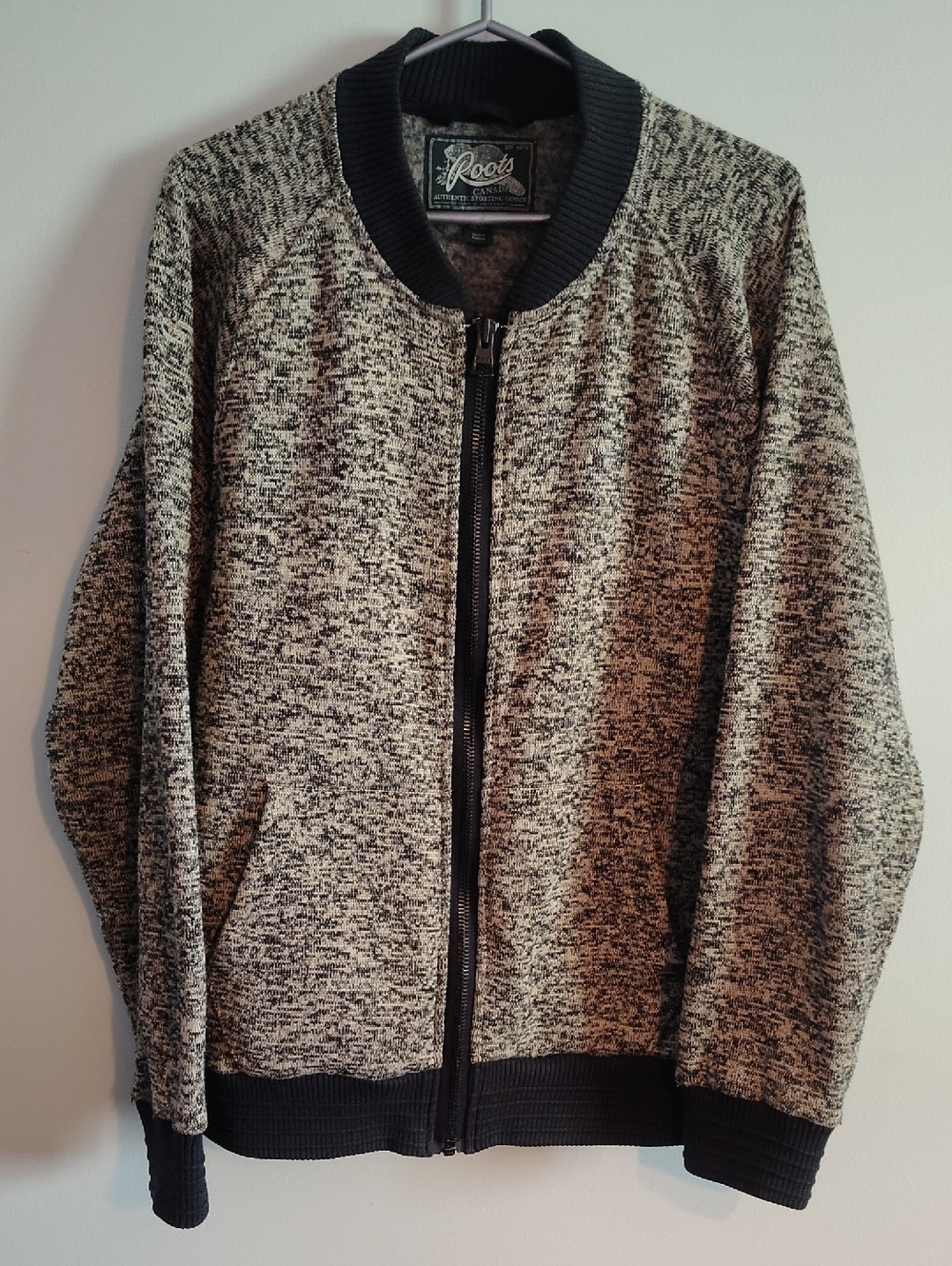 Roots Marled Zip Bomber Jacket in Black & Cream